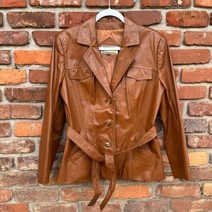 Suburban Heritage Leather Cognac 
Button Up Tie Lined Vintage Jacket 13/14